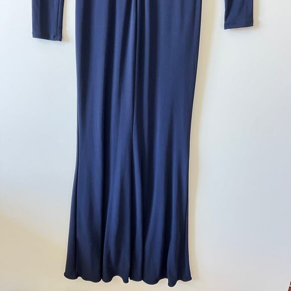 Betsy & Adam Navy Blue Stretch Jersey V Neck Long Sleeve Ruffled Gown Womens 4 - Picture 6 of 12